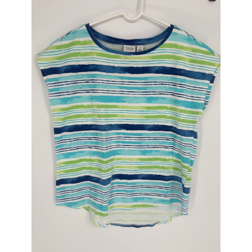 Weekends by Chicos Top Womens Size 2 Watercolor Stripe Blue Green High Low Hem